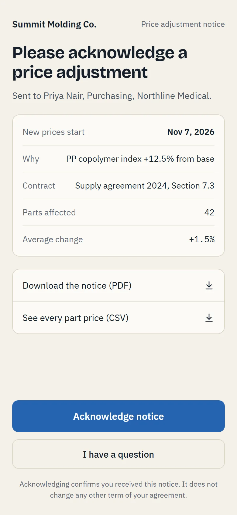 The page a customer sees on their phone, with the new price date, the reason, and an Acknowledge notice button